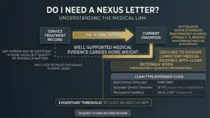 Infographic titled “Do I Need a Nexus Letter? Understanding the Medical Link” showing service treatment record to current diagnosis, noting that well-supported medical evidence carries more weight, C&P opinions may be sufficient in some cases, stronger independent medical evidence is sometimes needed, and the evidentiary threshold is “at least as likely as not.”